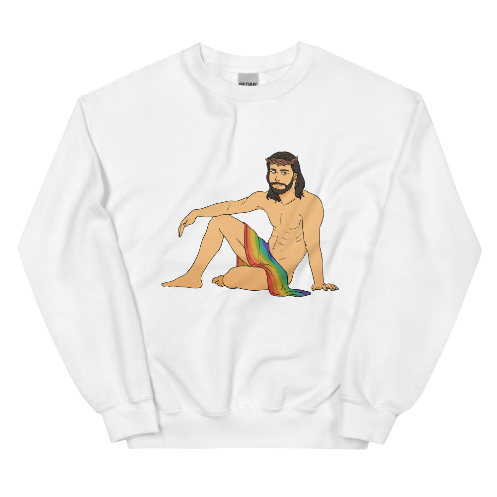 White Sexy Gay Jesus Unisex Sweatshirt by Printful sold by Queer In The World: The Shop - LGBT Merch Fashion
