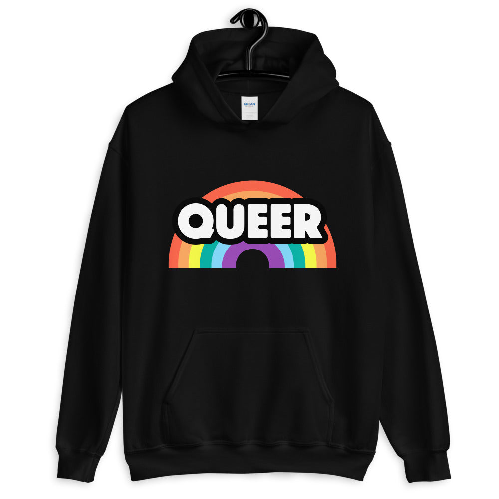 Black hoodie with a rainbow and the word “QUEER” across the chest