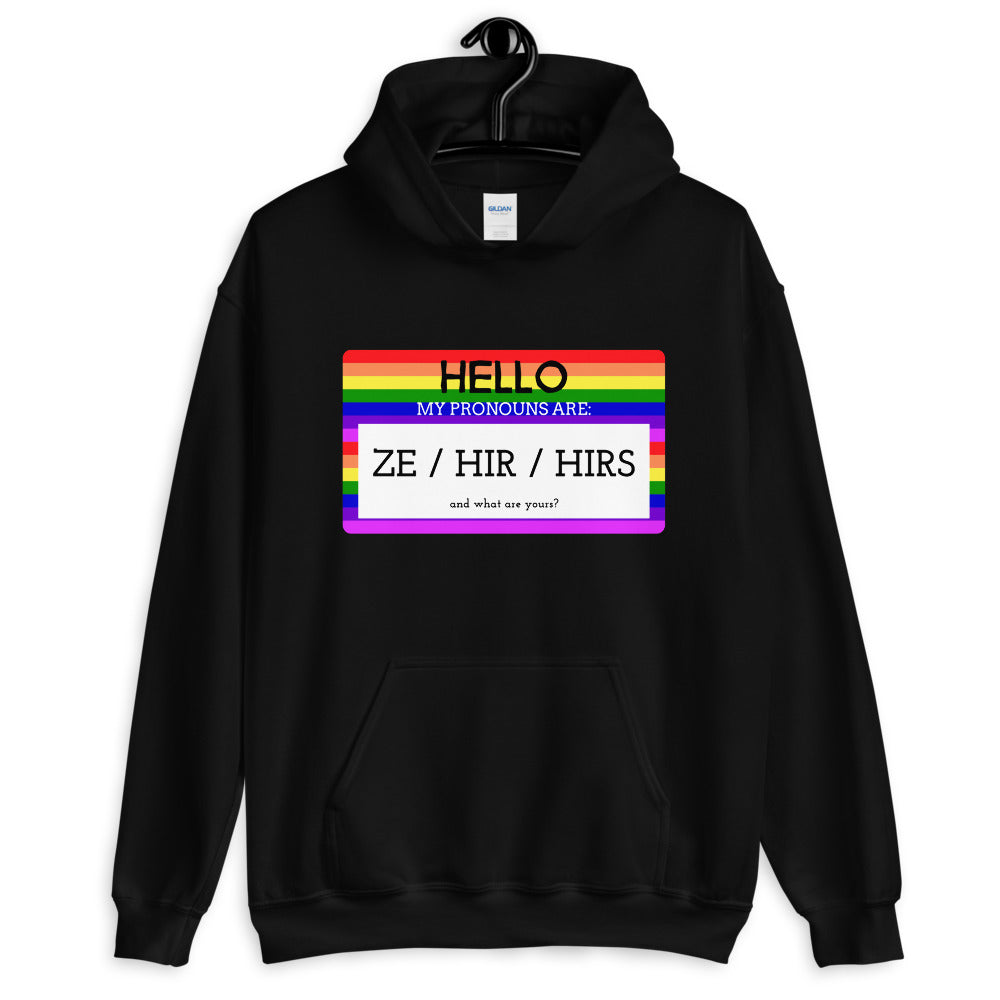 Black Hello My Pronouns Are Ze / Hir / Hirs Unisex Hoodie by Queer In The World Originals sold by Queer In The World: The Shop - LGBT Merch Fashion