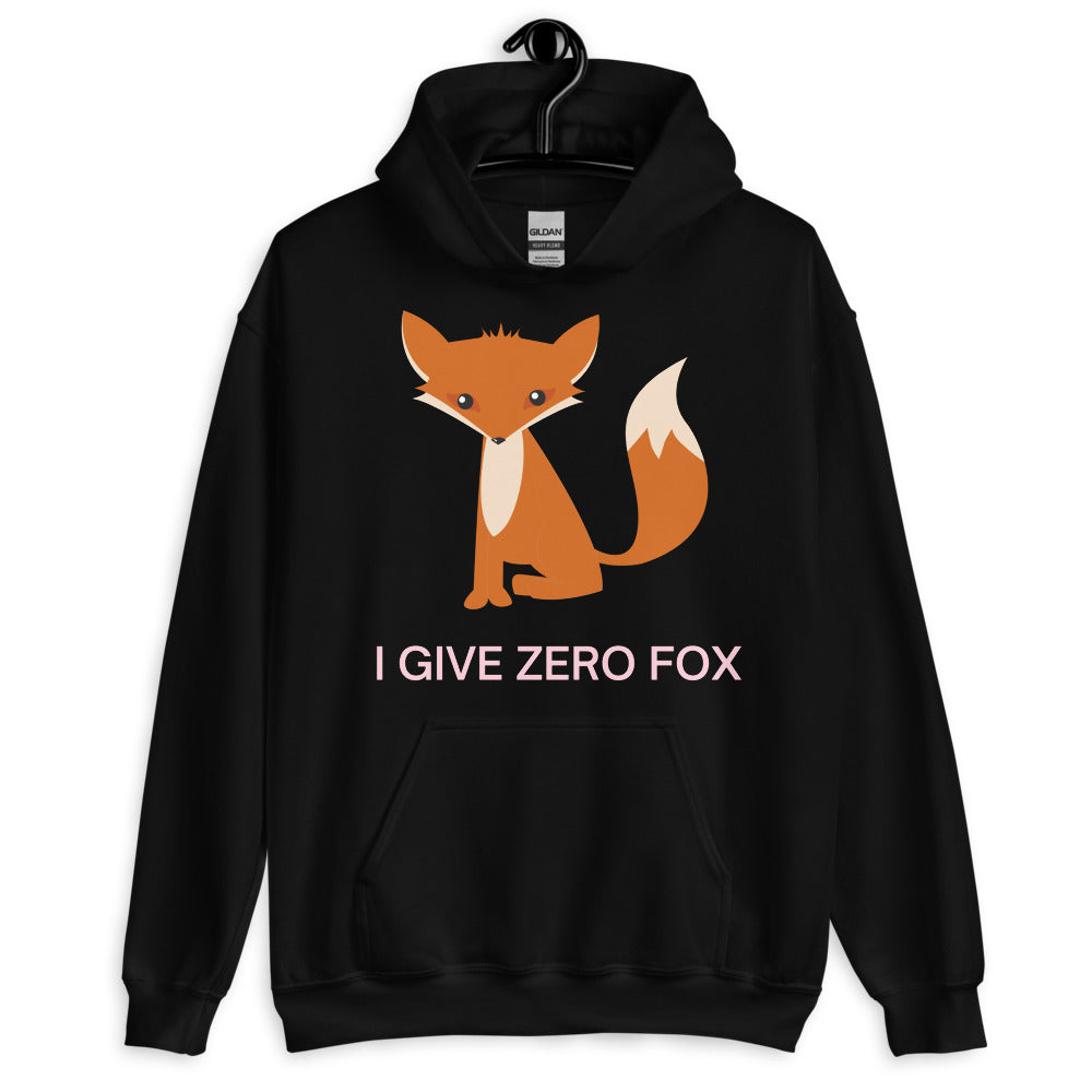 Front view of a black hoodie with an orange fox and pink “I GIVE ZERO FOX” text