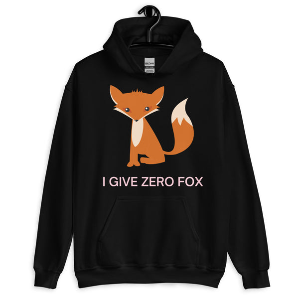 Front view of a black hoodie with an orange fox and pink “I GIVE ZERO FOX” text