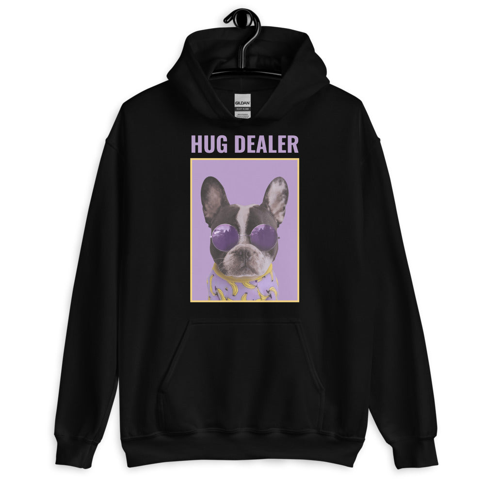 Front view of a black hoodie reading “HUG DEALER,” with a French bulldog in purple sunglasses
