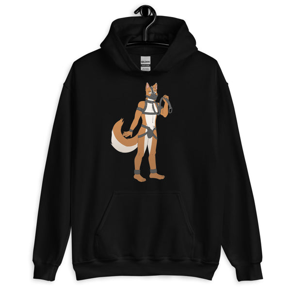 Front view of a black hoodie with an anthropomorphic fox pup in harness gear