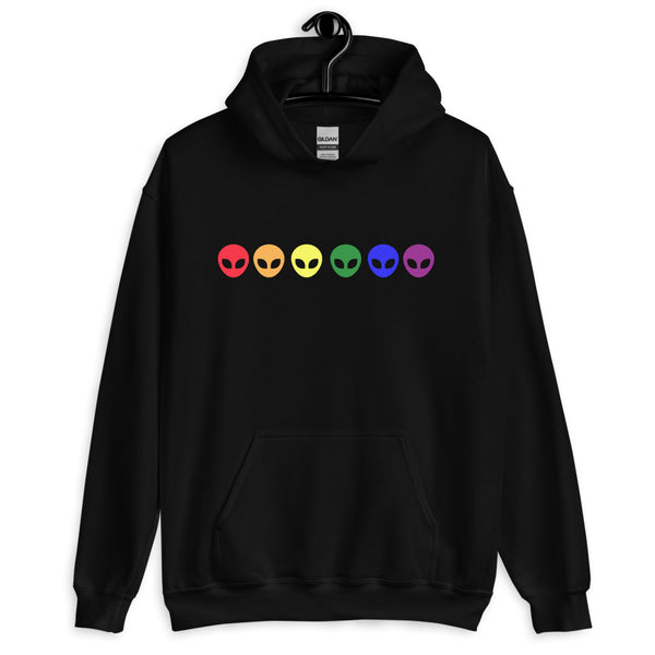 Front view of a black pullover hoodie with six colorful alien-head icons across the chest