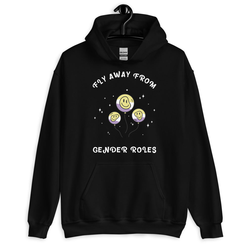 Front view of a black hoodie reading “FLY AWAY FROM GENDER ROLES,” with three smiley balloons