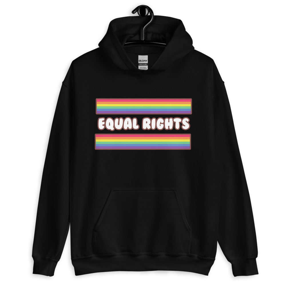 Front-facing black hoodie with rainbow stripes and “EQUAL RIGHTS” text