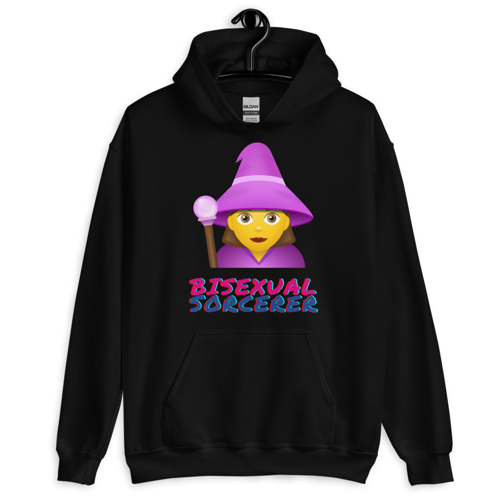 Front view of a black hoodie with a purple-hatted sorcerer and “BISEXUAL SORCERER” text