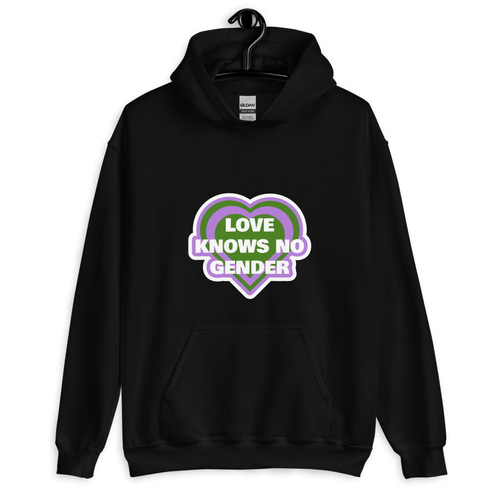 Front view of a black pullover hoodie reading “LOVE KNOWS NO GENDER” in a heart design