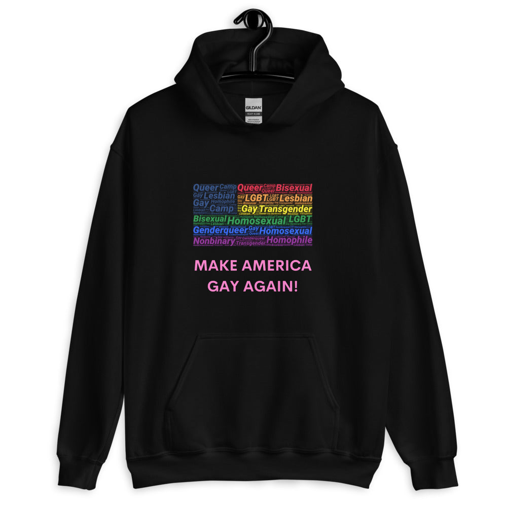 Front view of a black hoodie reading “MAKE AMERICA GAY AGAIN!” with rainbow LGBTQ+ word art