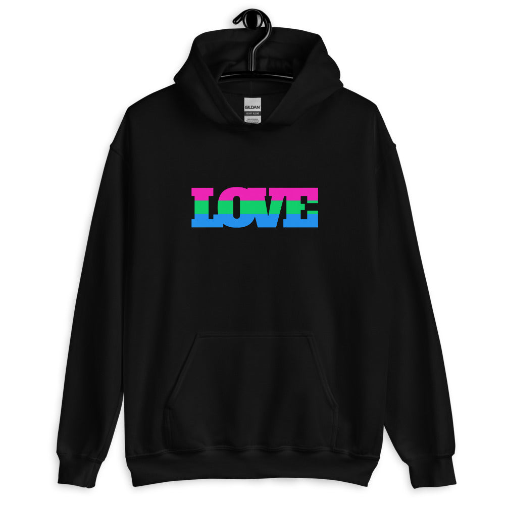Front view of a black hoodie on a hanger with multicolored LOVE lettering