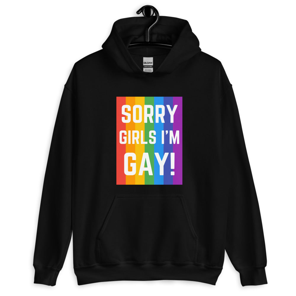 Front view of a black hoodie with rainbow stripes and “SORRY GIRLS I’M GAY!” text
