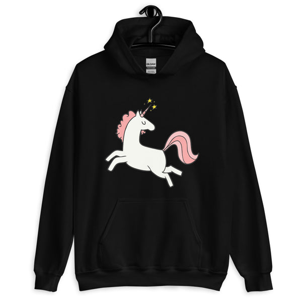 Front view of a black pullover hoodie with a leaping white unicorn and pink mane and tail