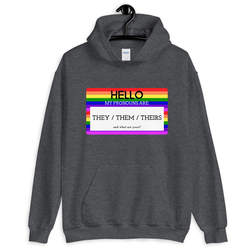 Dark gray hoodie with rainbow stripes and “HELLO MY PRONOUNS ARE: THEY / THEM / THEIRS” design