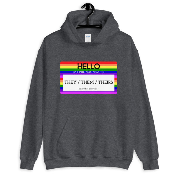 Dark gray hoodie with rainbow stripes and “HELLO MY PRONOUNS ARE: THEY / THEM / THEIRS” design