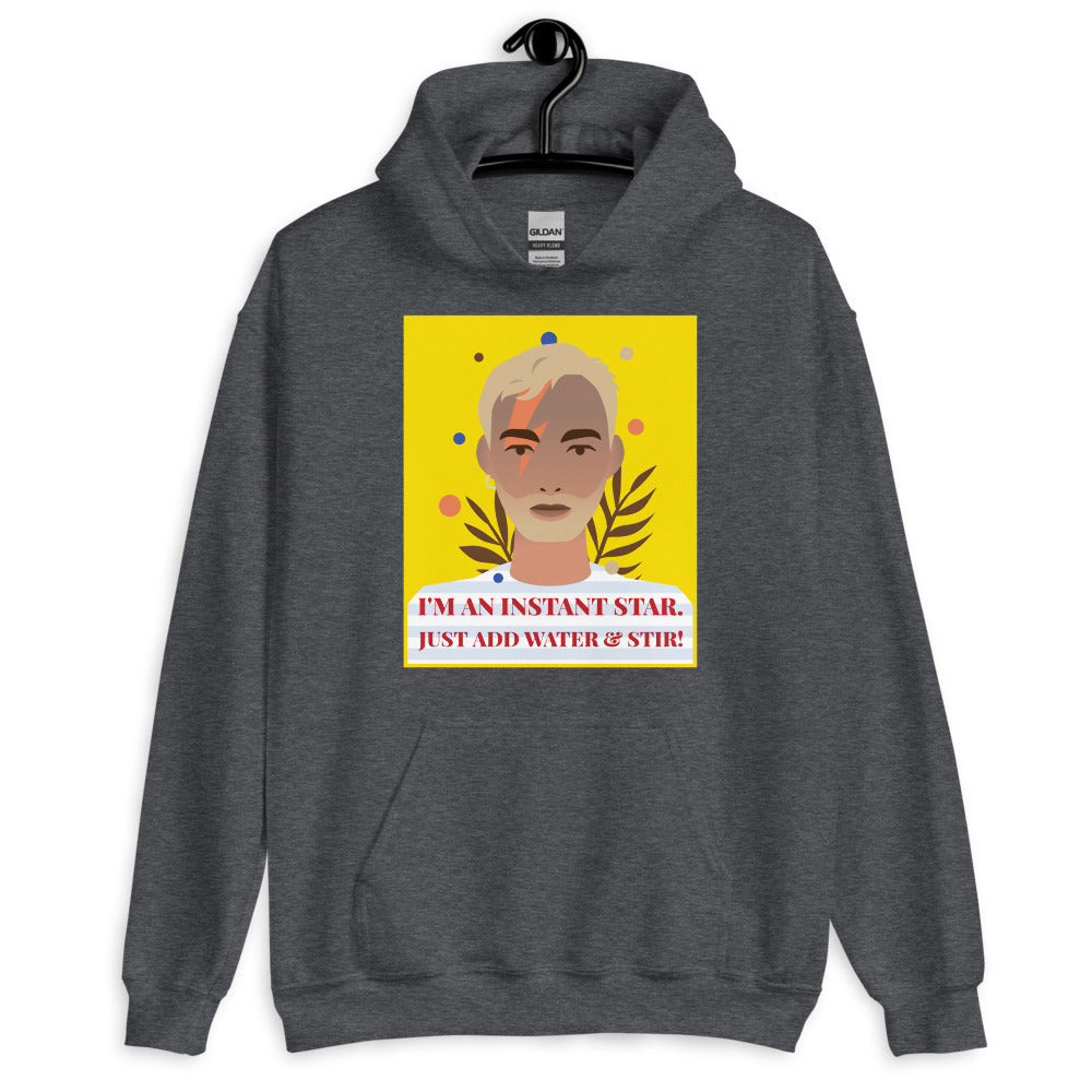 Front view of a dark gray hoodie with a colorful portrait and “I'M AN INSTANT STAR” graphic