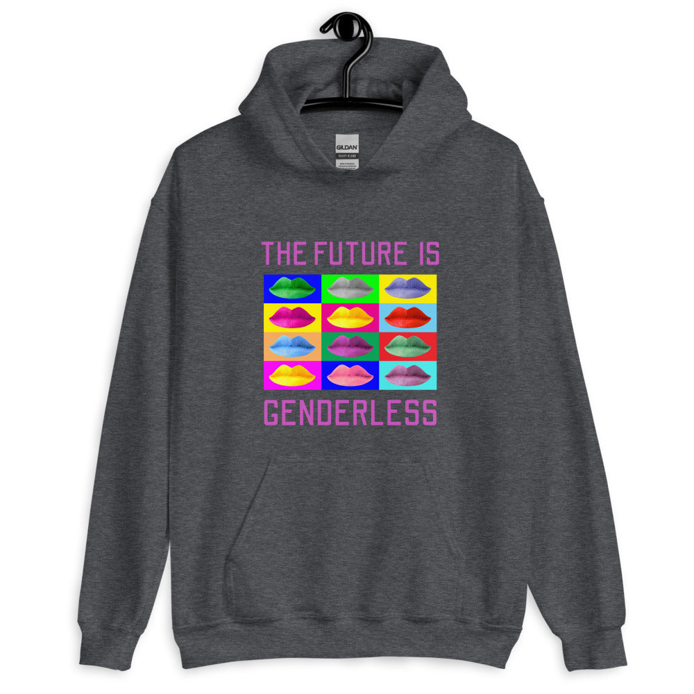 Dark gray hoodie with “THE FUTURE IS GENDERLESS” and colorful lips graphic