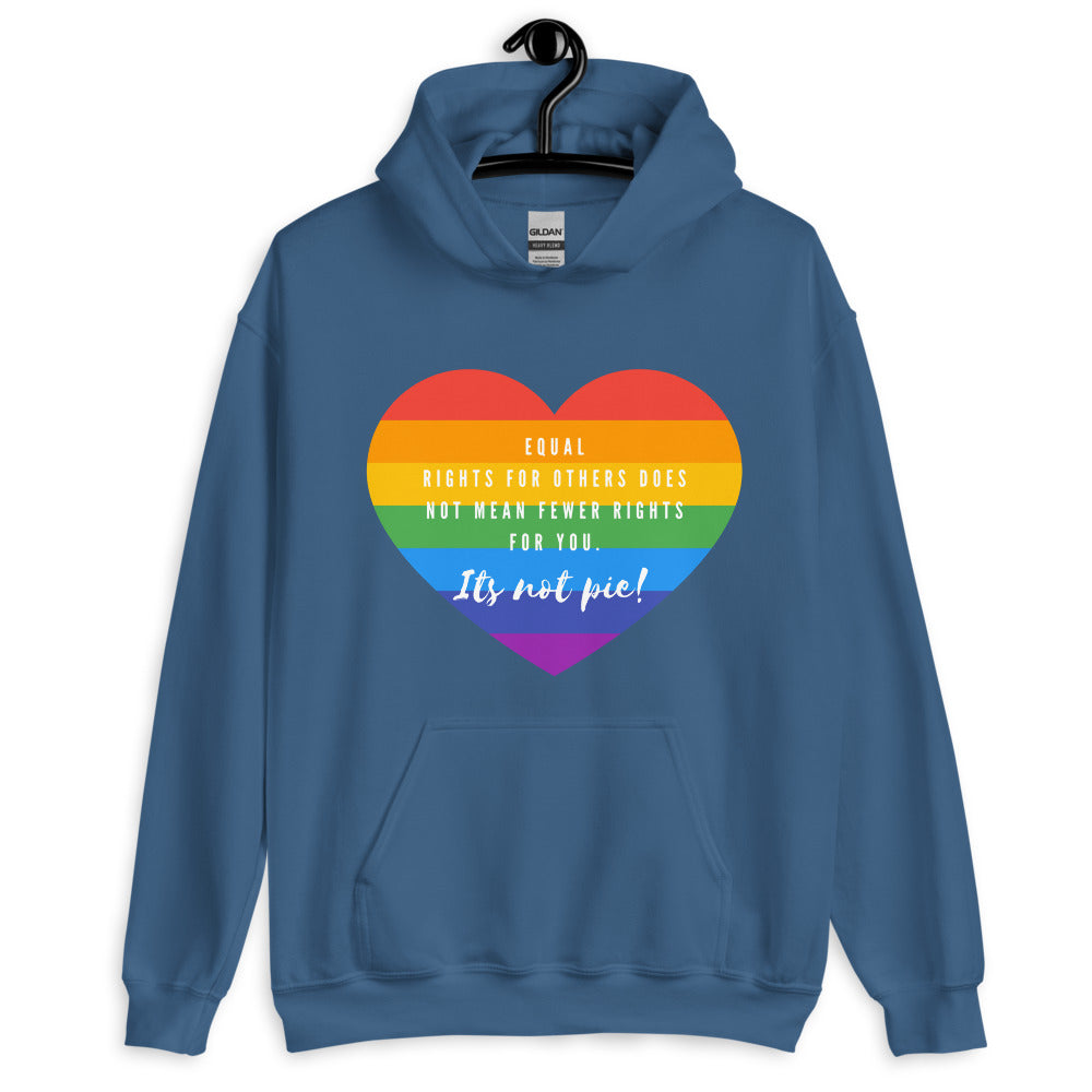 Front-facing indigo hoodie on a hanger with a rainbow heart reading “Equal rights for others does not mean fewer rights fo...