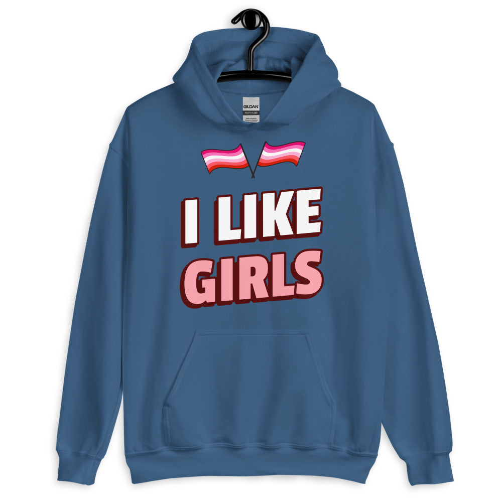 Blue pullover hoodie on a hanger with pink-striped flags and “I LIKE GIRLS” text