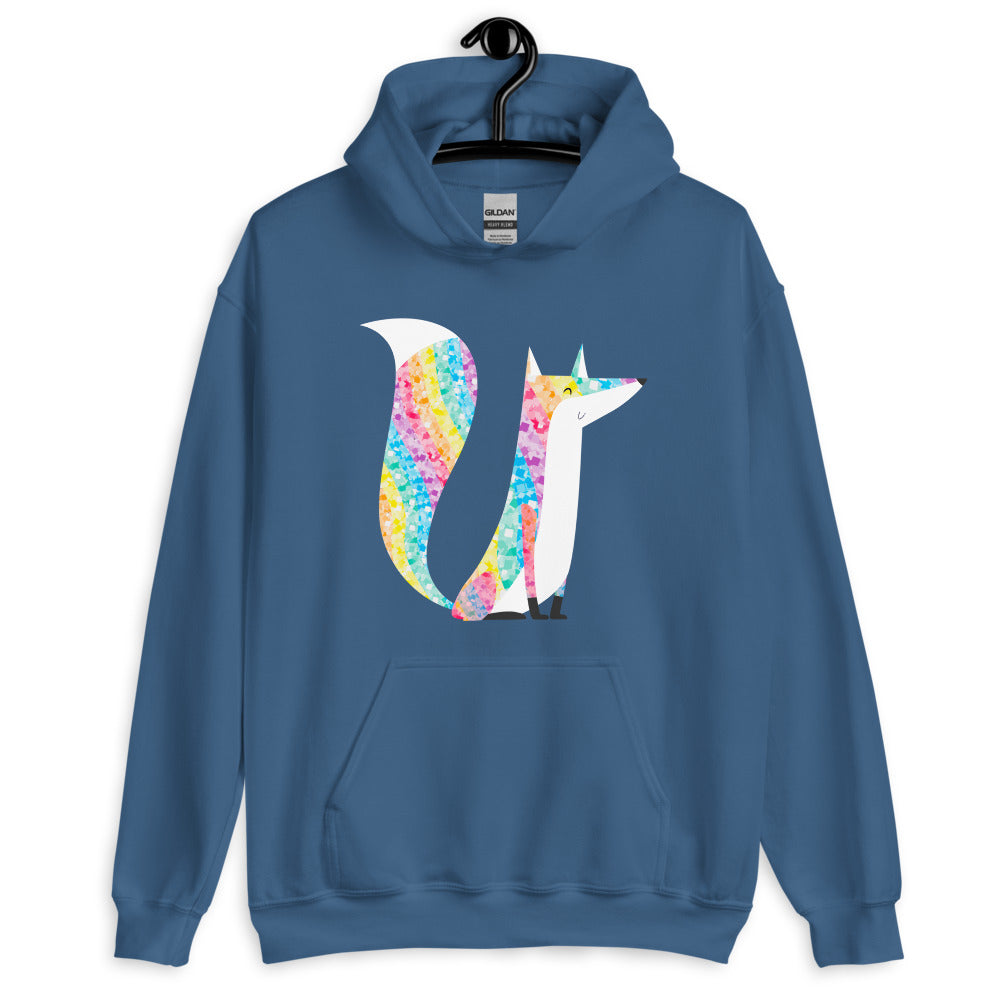 Front view of a blue hoodie with a colorful glitter-style fox graphic
