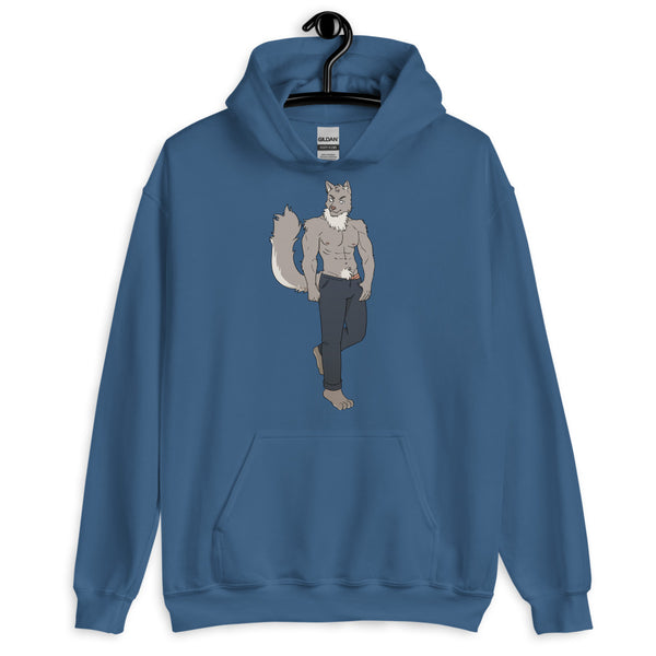 Front view of a blue hoodie with a shirtless anthropomorphic wolf graphic