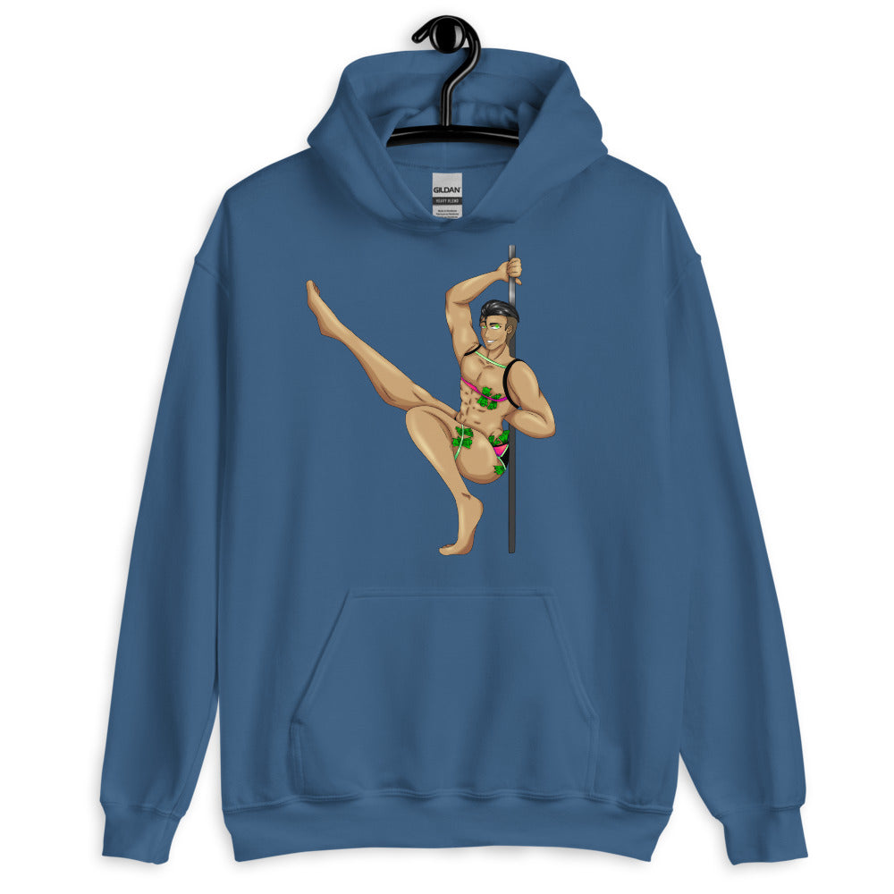 Front view of a blue hoodie with an illustrated gogo dancer on a pole