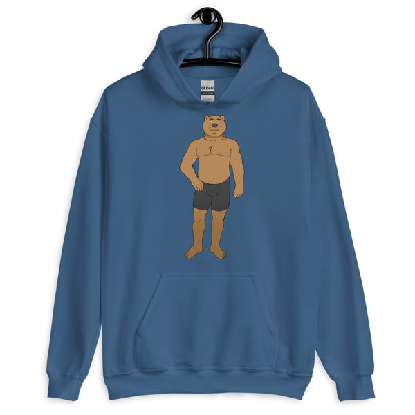 Blue pullover hoodie with a centered cartoon bear wearing black briefs