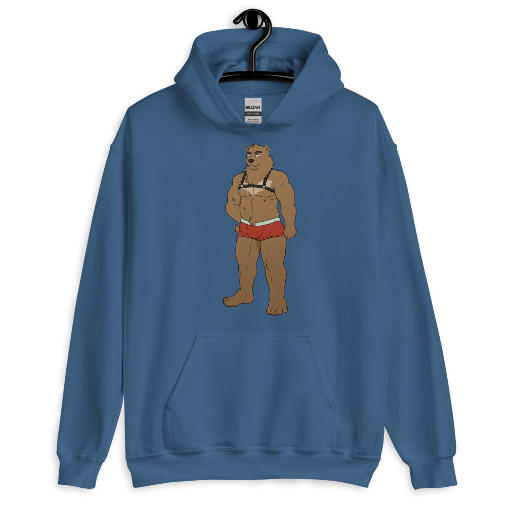 Front view of a blue hoodie with a muscular bear in a harness and red briefs