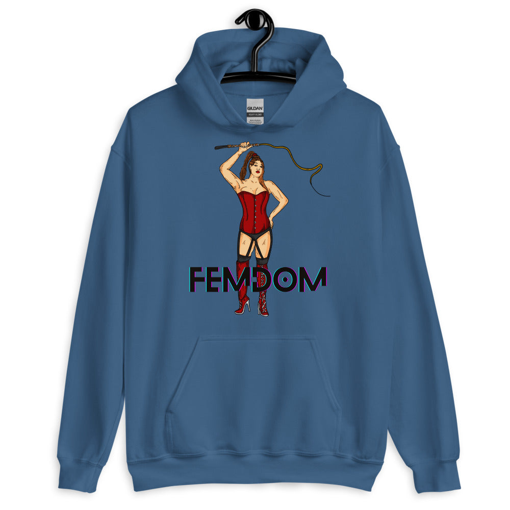 Blue hoodie on a hanger with a corseted woman holding a whip above “FEMDOM”