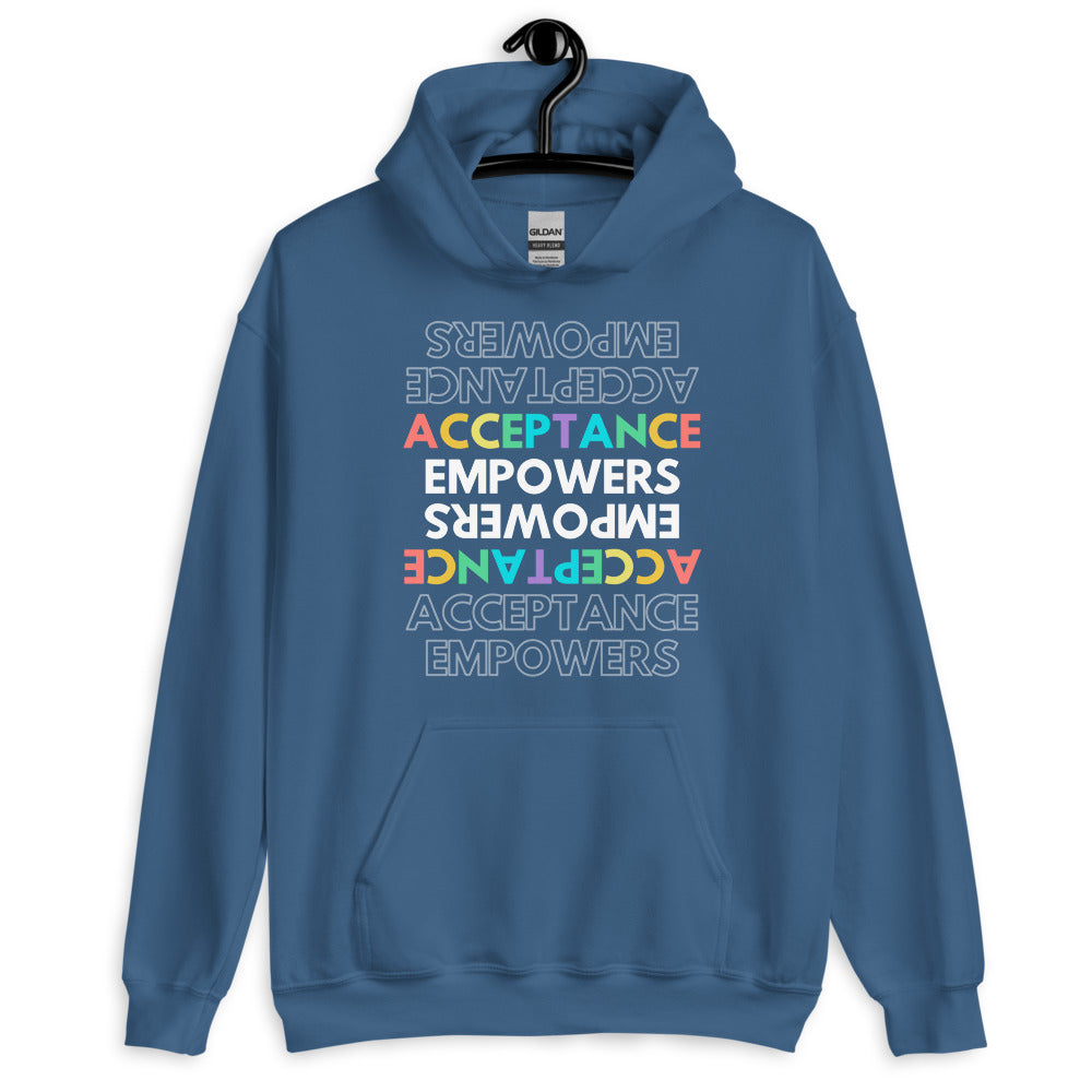 Blue pullover hoodie on a hanger with multicolored “ACCEPTANCE EMPOWERS” text