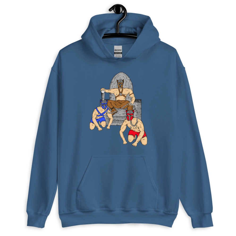 Blue pullover hoodie with a three-person pup-play illustration on the front