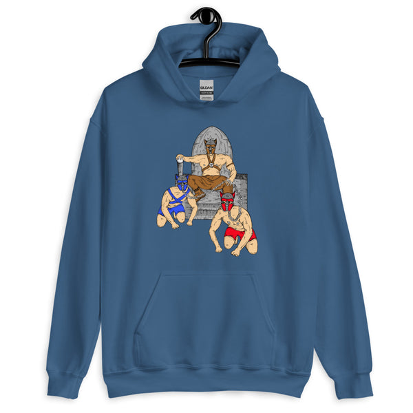 Blue pullover hoodie with a three-person pup-play illustration on the front