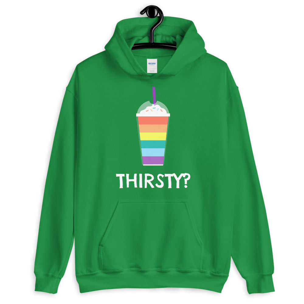 Green hoodie with a rainbow-striped drink graphic and “THIRSTY?” text