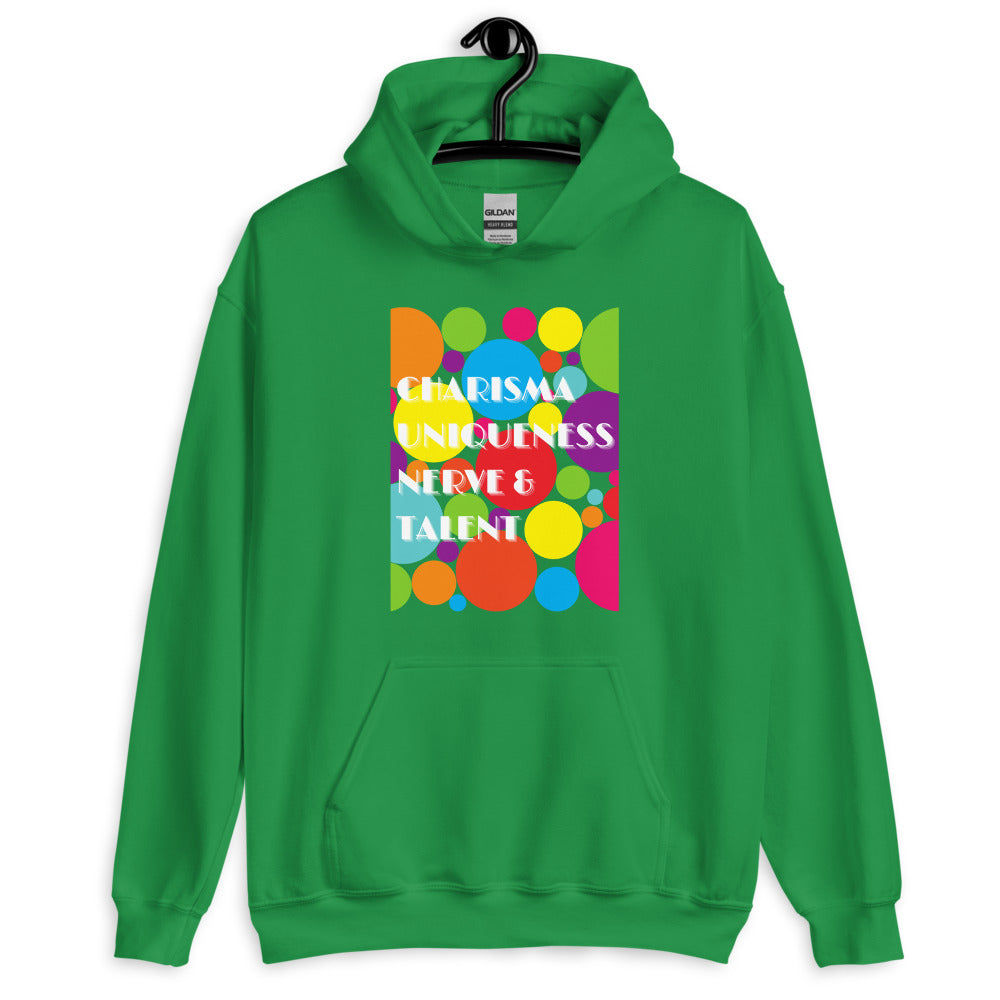 Front-facing green pullover hoodie on a hanger with colorful circles and “CHARISMA UNIQUENESS NERVE & TALENT” text