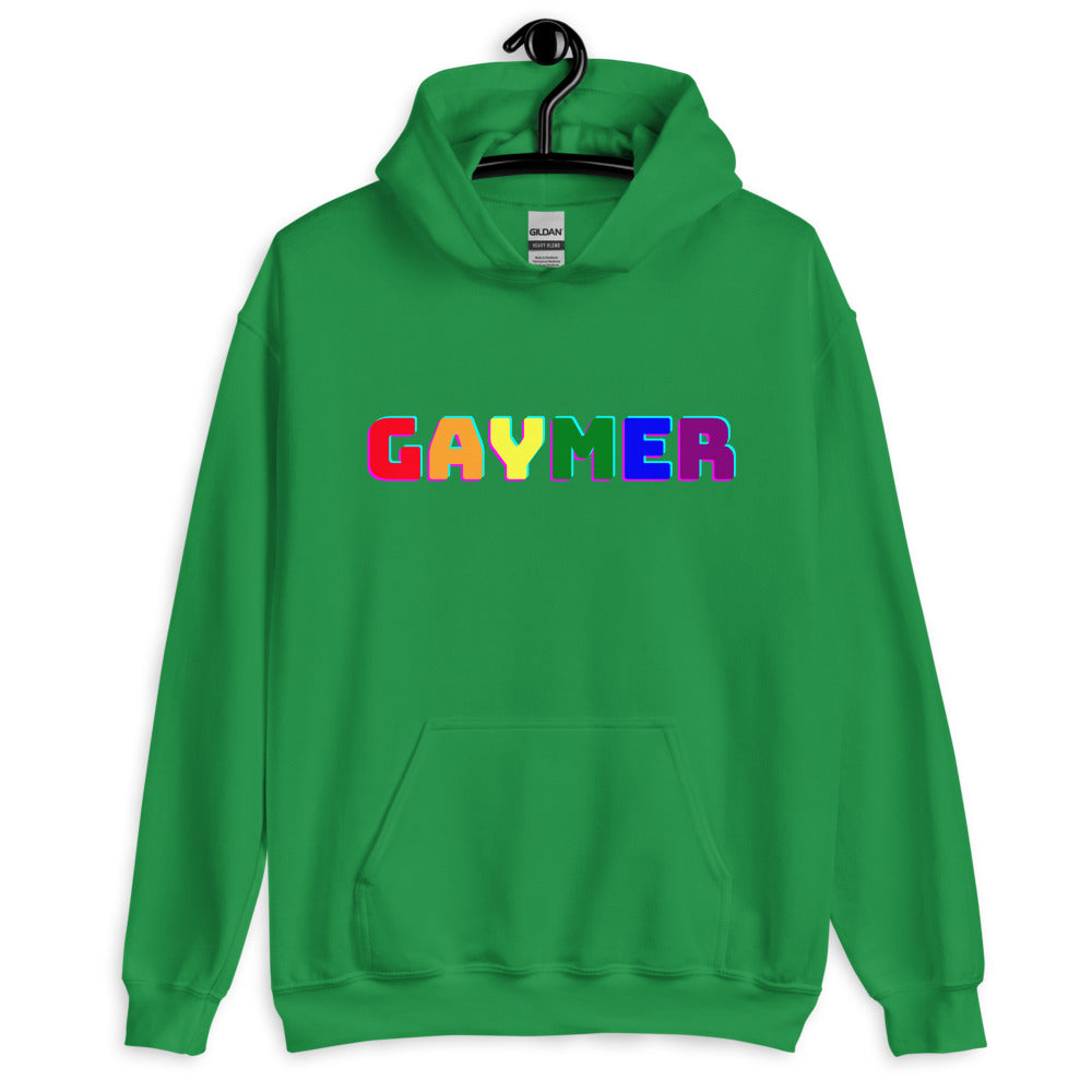 Front-view green pullover hoodie on a hanger with colorful “GAYMER” lettering