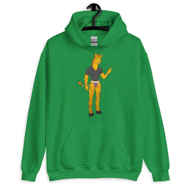 Front view of a green hoodie on a hanger with a cartoon giraffe character graphic