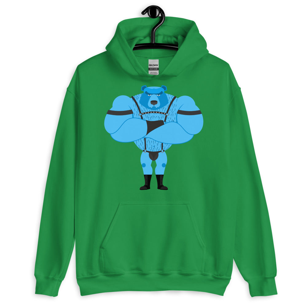 Front view of a green pullover hoodie with a blue bear in leather-style gear