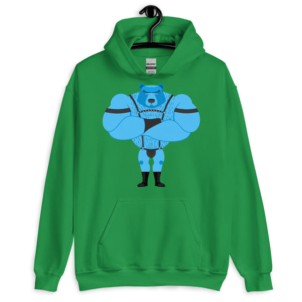 Front view of a green pullover hoodie with a blue bear in leather-style gear