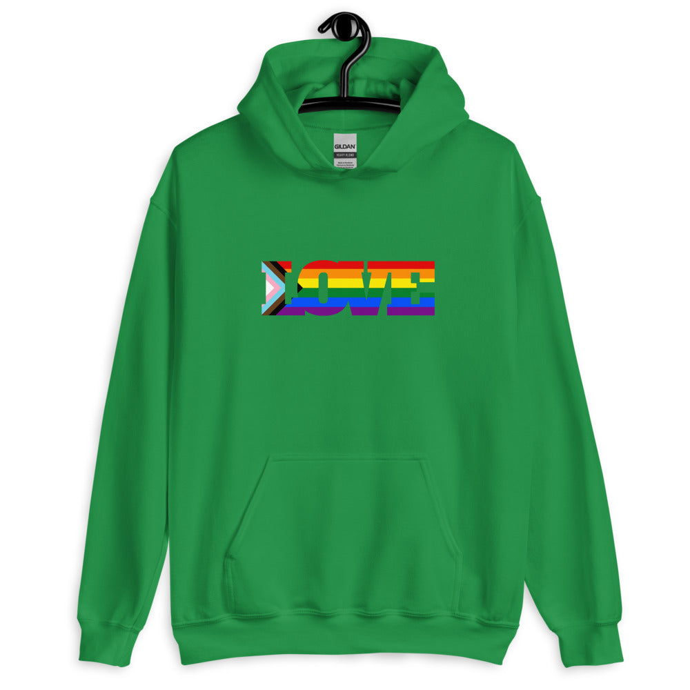 Front view of a green pullover hoodie with a multicolored Pride-style “LOVE” graphic