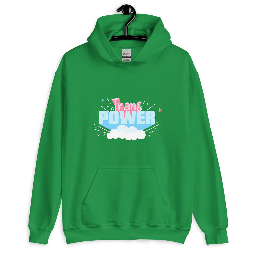 Front view of a green hoodie reading “Trans POWER” above white clouds