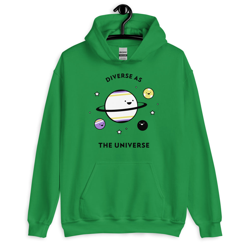Front-view green hoodie with “DIVERSE AS THE UNIVERSE” and smiling planets