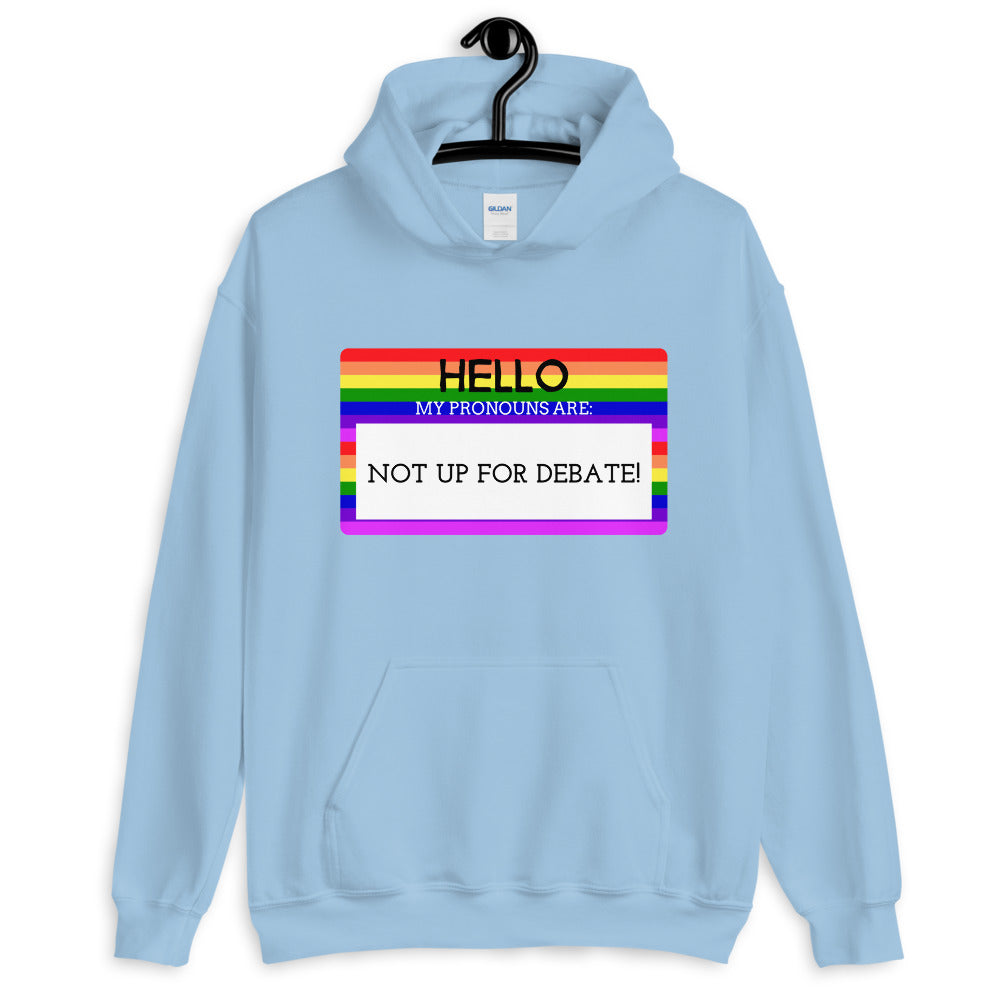Light blue unisex hoodie with rainbow-striped graphic reading “HELLO MY PRONOUNS ARE: NOT UP FOR DEBATE!”