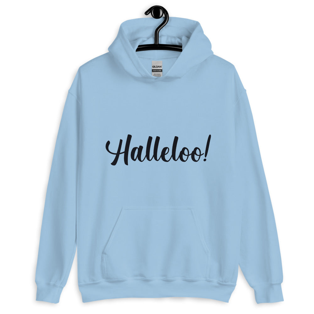 Front view of a light blue hoodie on a hanger with black “Halleloo!” lettering