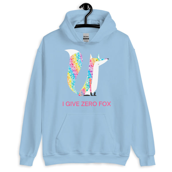 Front view of a light blue hoodie with a colorful fox and “I GIVE ZERO FOX” text