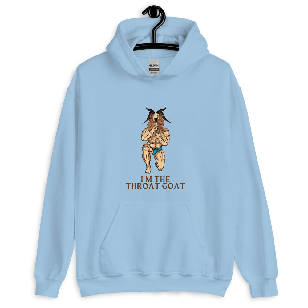 Front view of a light blue hoodie with a horned goat-man graphic and “I’M THE THROAT GOAT” text