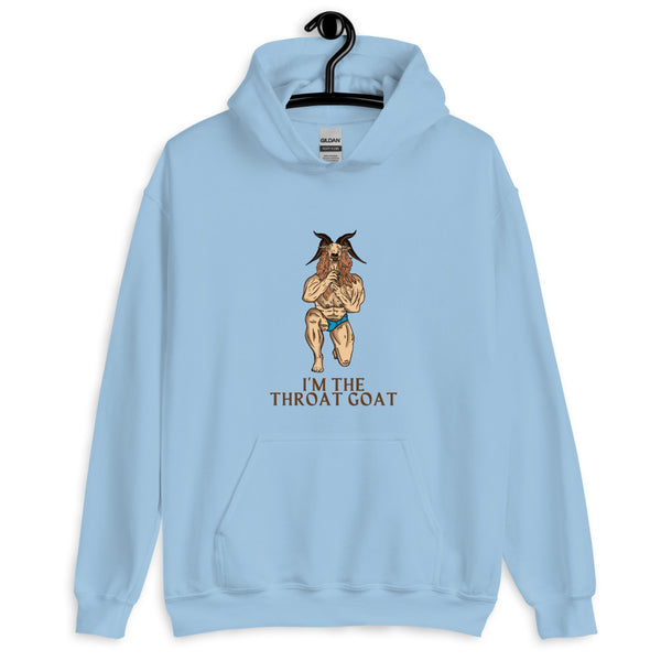 Front view of a light blue hoodie with a horned goat-man graphic and “I’M THE THROAT GOAT” text