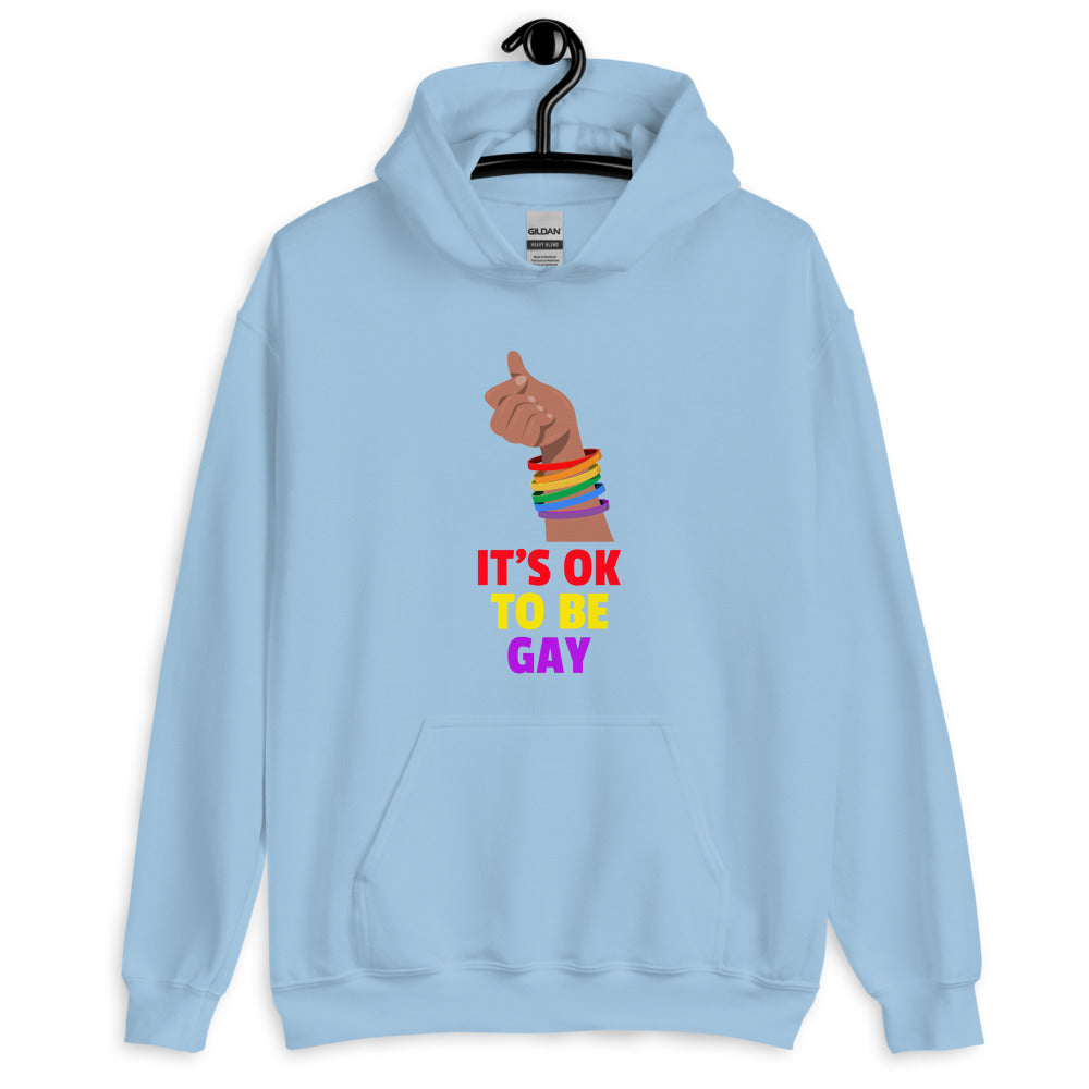 Front view of a light blue hoodie reading “IT’S OK TO BE GAY” beneath a rainbow-braceleted hand