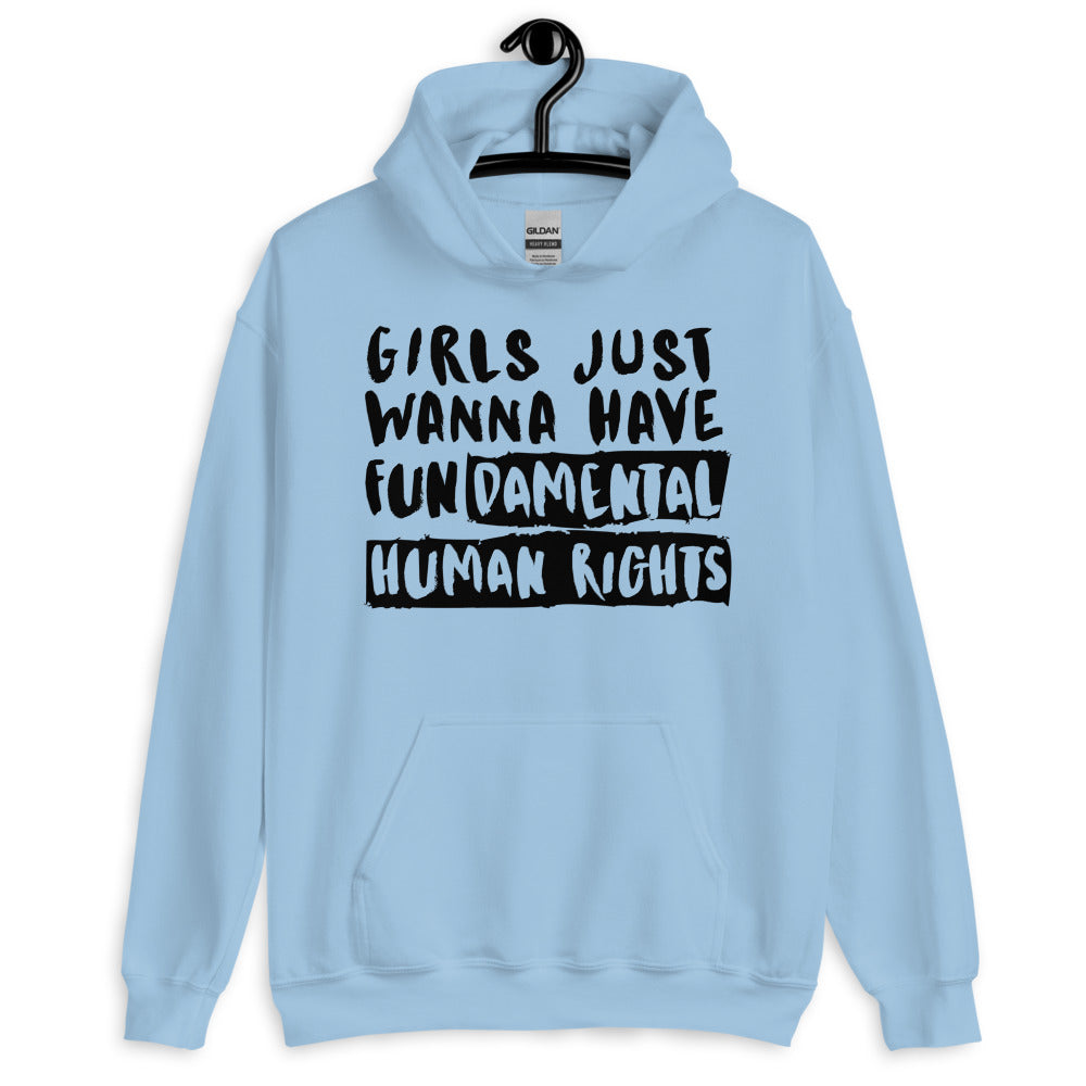 Light Blue Girls Just Wanna Have Fundamental Human Rights Unisex Hoodie by Printful sold by Queer In The World: The Shop - LGBT Merch Fashion