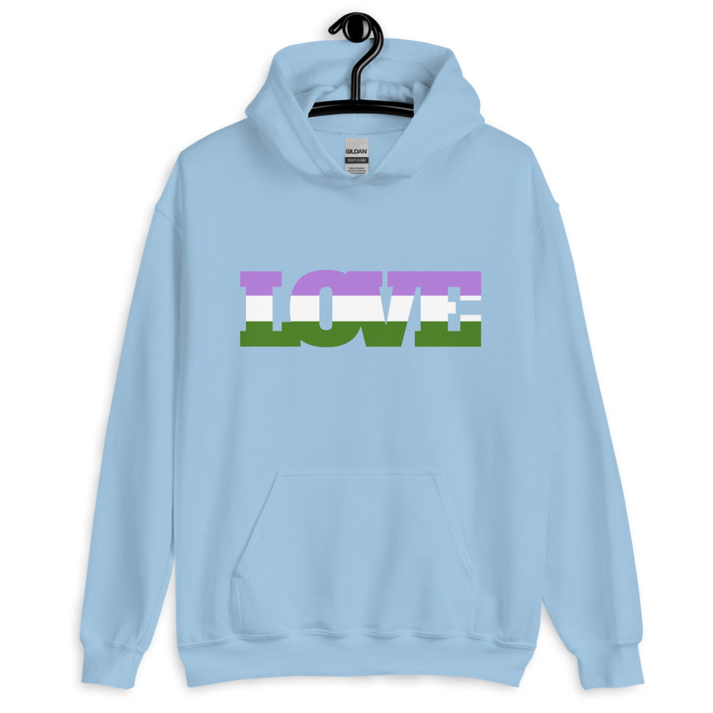 Light blue pullover hoodie on a hanger with a purple, white, and green LOVE graphic