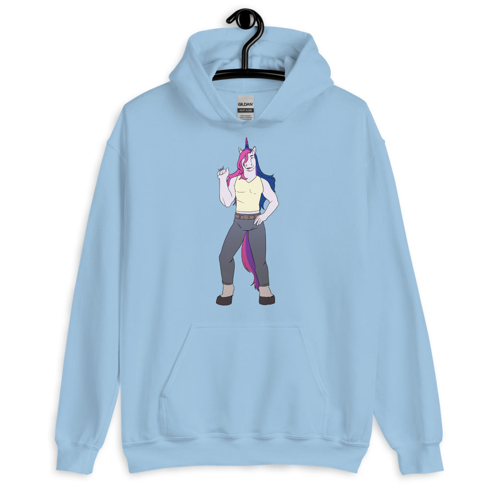 Front view of a light blue hoodie on a hanger with a colorful unicorn character graphic