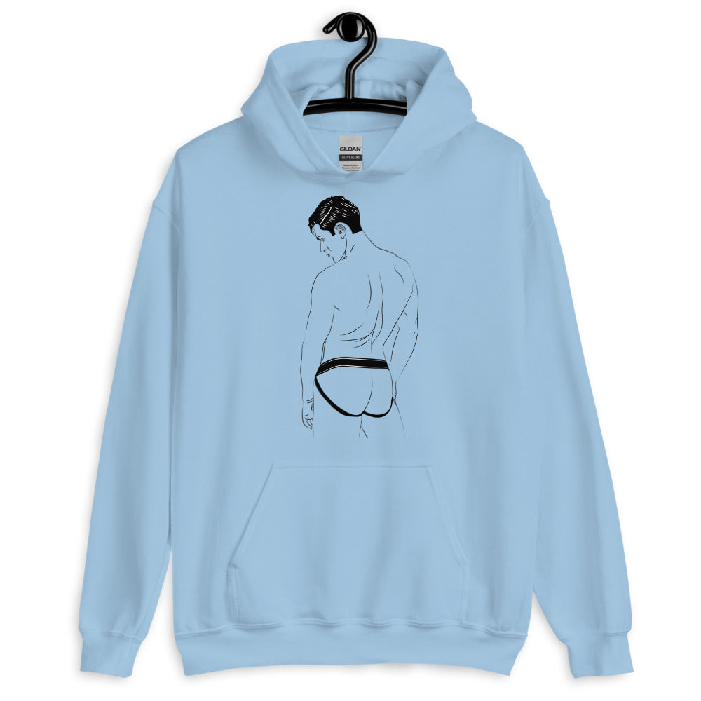Light blue pullover hoodie on a hanger with a black line drawing of a man wearing a jockstrap
